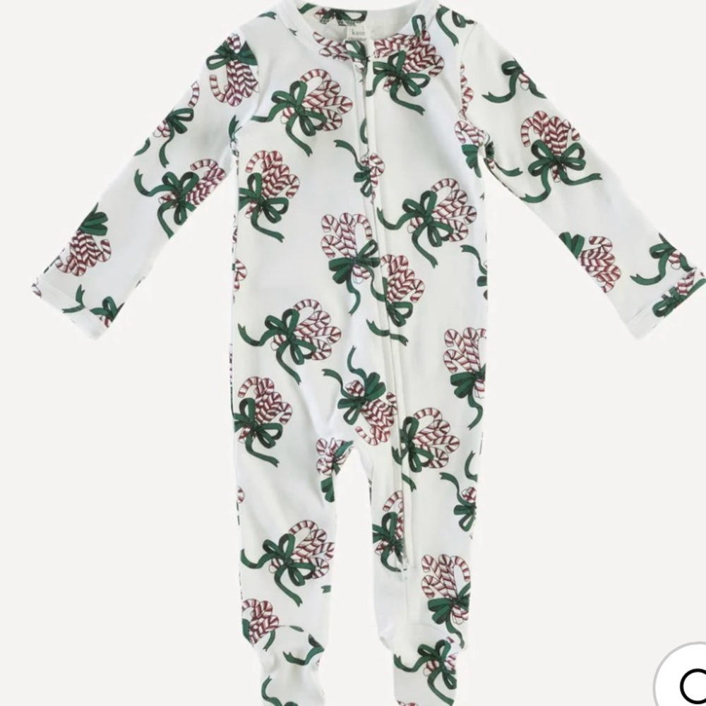 0-3M🎄Kate Quinn Candy Canes Bow Ribbon Long Sleeve Zipper Footie Organic Cotton